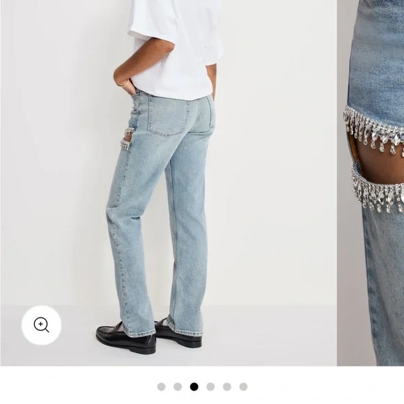 Good American Light Blue Straight Leg Jeans with Crystal Fringe Cutouts - Picture 4 of 7